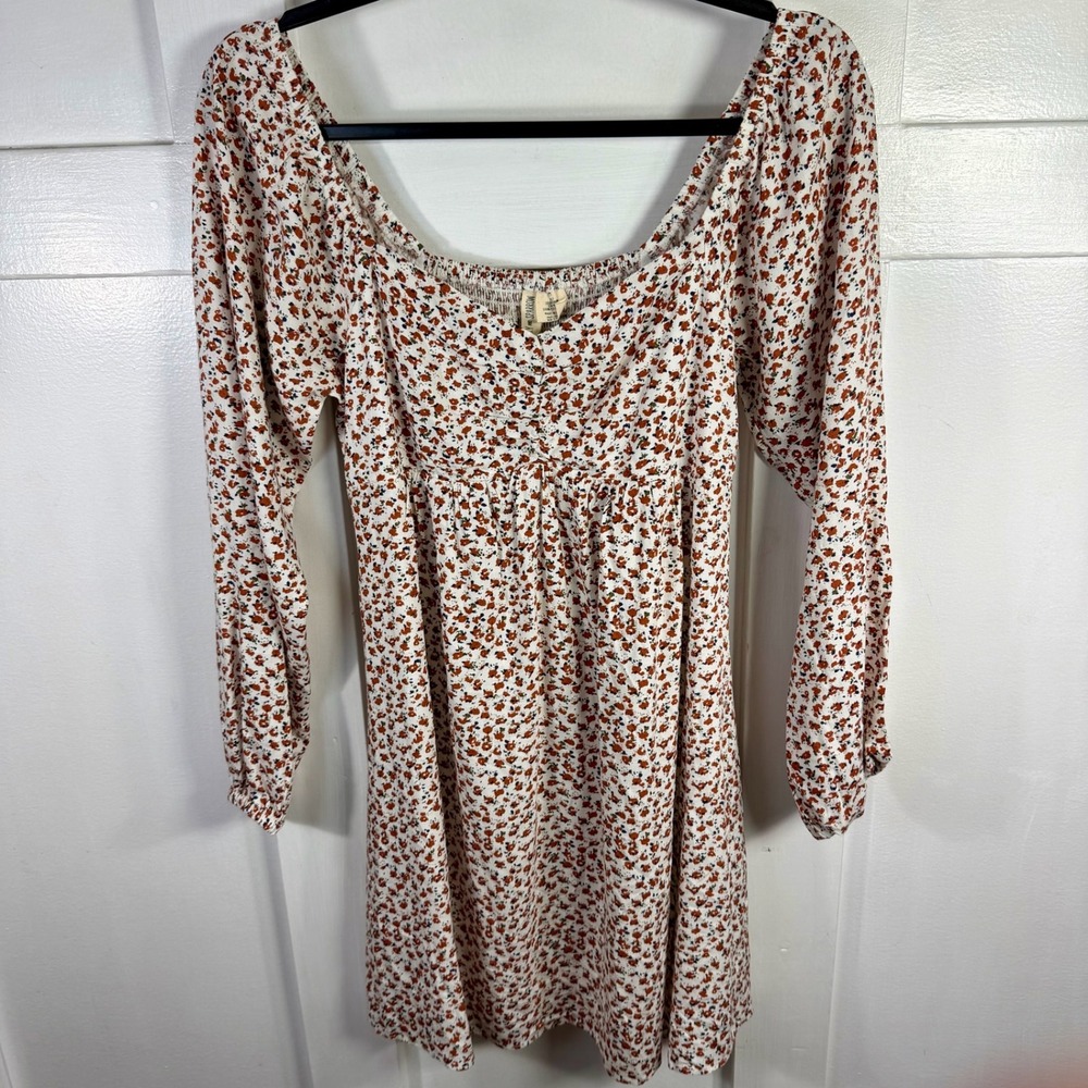 Sky and Sparrow Floral Smocked Prairie‎ Mini Dress White Rust Blue Size M